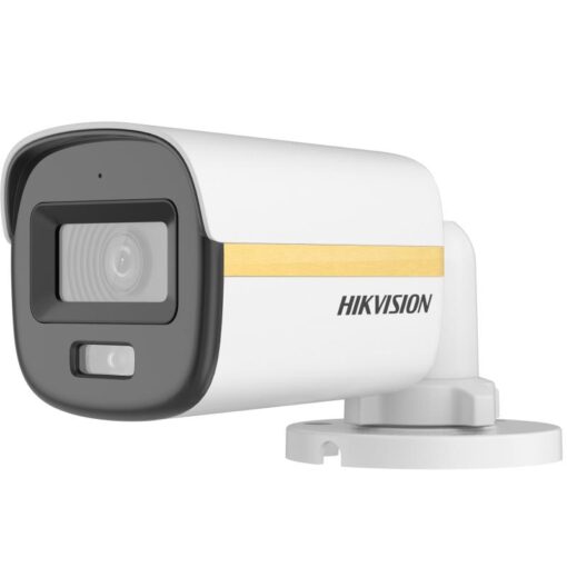 Hikvision white security camera on a mount.