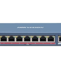 Hikvision 8-port PoE network switch front view.