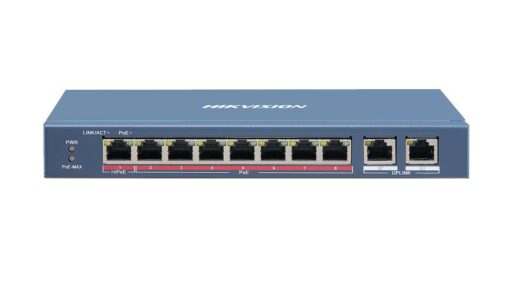 Hikvision 8-port PoE network switch front view.