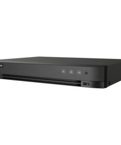 Hikvision video recorder, black, front view.